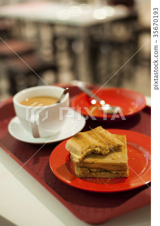 Close-up view of a morning breakfast set.  35670193