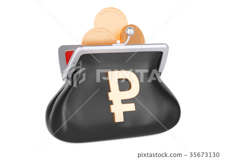Purse with ruble symbol and golden coins 35673130
