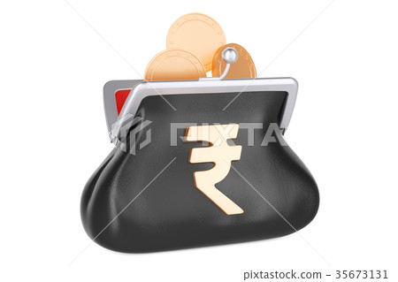 Purse with rupee symbol and golden coins 35673131