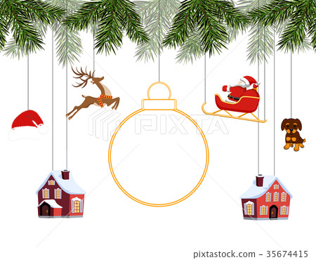 New Year Christmas. Various toys hanging on spruce New Year Christmas. Various toys hanging on spruce 35674415