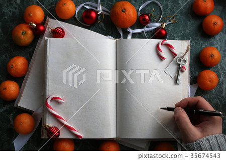 pages opened vintage book on green marble 35674543