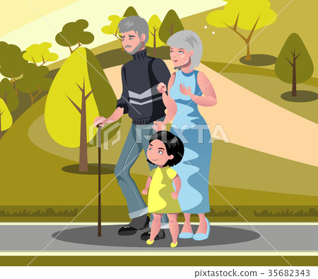 Grandparents with grandchildren walking. Grandparents with grandchildren walking. 35682343
