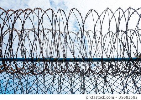 Iron Barbed wire in the blue sky with clouds. 35683582