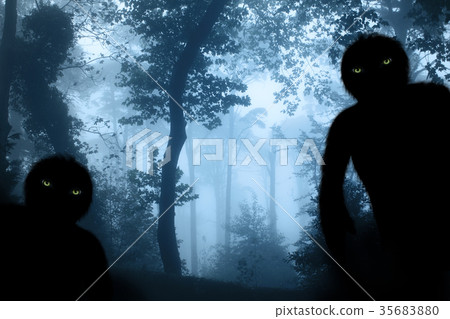 Two monsters in misty forest landscape Two monsters in misty forest landscape 35683880