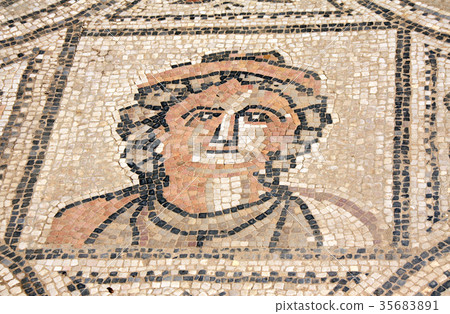 Ancient mosaic with woman face, Volubilis, Morocco 35683891