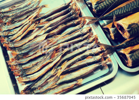 Smoked mackerel and other fish in food store 35687045