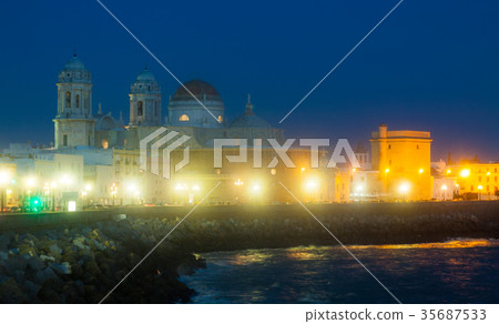 night view of Cathedral and ocean coast in Cadiz night view of Cathedral and ocean coast in Cadiz 35687533