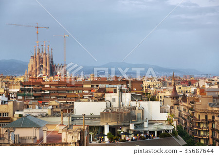 Barcelona roofs against background of Sagrada Familia 35687644