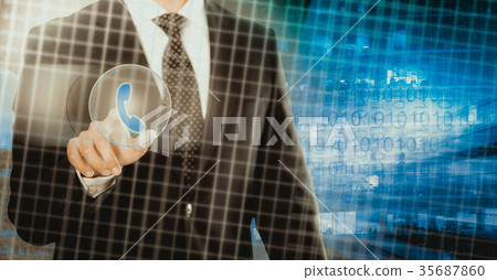 Businessman touching virtual phone call icon 35687860