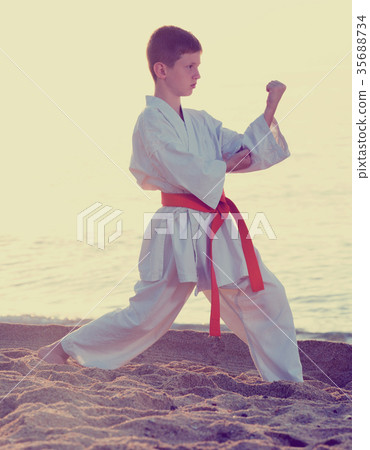boy practising karate poses at seaside 35688734