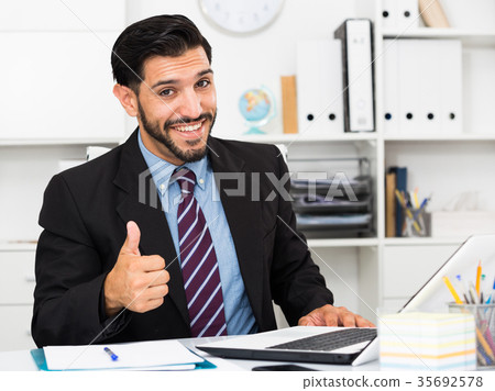 Portrait of smiling businessman who is productive working 35692578