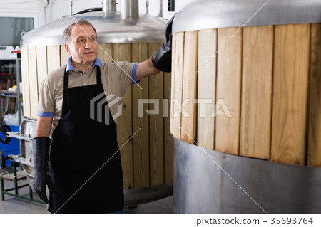 Adult brewer is standing near reservoir for beer in the fabric. Adult brewer is standing near reservoir for beer in the fabric. 35693764