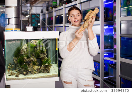 Girl in aquarium store holding big sandstone 35694570