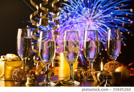 two champagne glasses with ribbons 35695260