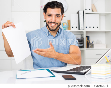 Excited male is talking about successful contract 35696691