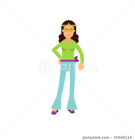 Flat cartoon woman hippie. Female with long brown 35698114