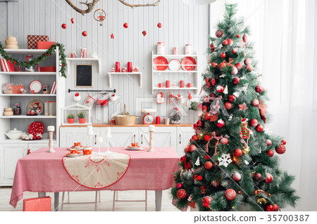 Interior light grey kitchen and red christmas 35700387