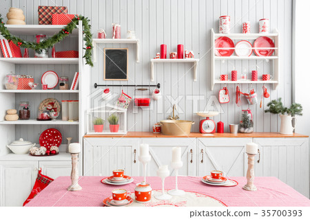 Interior light grey kitchen and red christmas 35700393