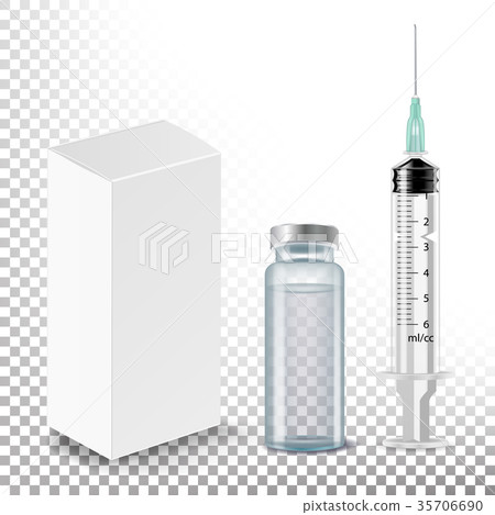 Medical Ampoule, White Package Box, Syringe Vector 35706690