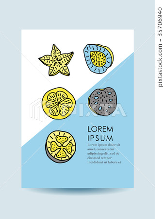 Card with tropical fruits in memphis style. Design 35706940