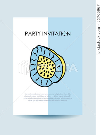 Card with tropical fruits in memphis style. Design 35706967