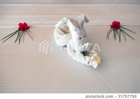 Close up white towel rabbit in hotel 35707788