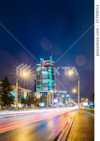 Panorama With Night Traffic On Illuminated Street 35709053