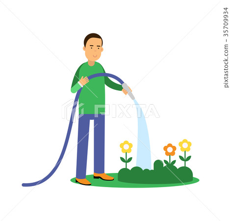 Happy man cartoon character watering flowers from 35709934
