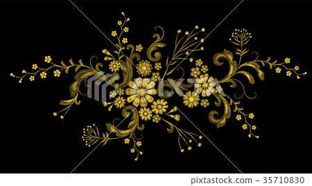 Realistic golden thread vector embroidery fashion 35710830