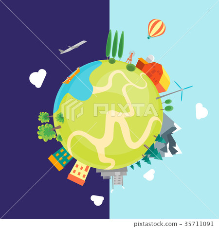 圖庫插圖: cartoon earth with houses, mountains, forests and