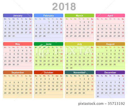 2018 year annual calendar (Monday first, English) 35713192