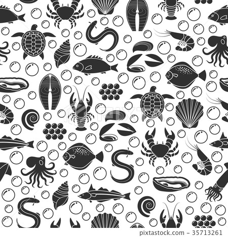 Seafood and fish icons seamless pattern 35713261