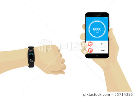 Fitness bracelet on hand with smartphone Fitness bracelet on hand with smartphone 35714356
