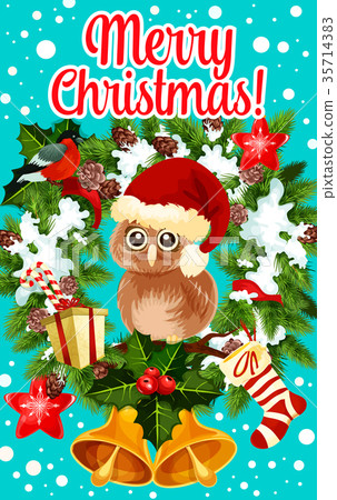 Merry Christmas holidays owl vector greeting card Merry Christmas holidays owl vector greeting card 35714383