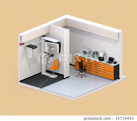 Isometric images of a dental imaging laboratory equipped with Con-beam CT, CADCAM equipment Isometric images of a dental imaging laboratory equipped with Con-beam CT, CADCAM equipment 35719454