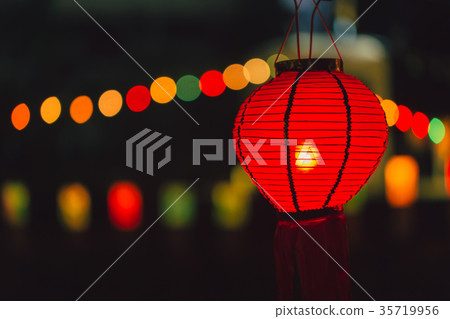 Chinese Paper Lamp Red color hanging at Night 35719956