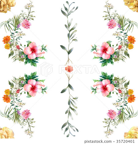 Watercolor painting of leaf and flowers pattern 35720401