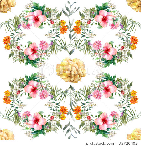 Watercolor painting of leaf and flowers pattern Watercolor painting of leaf and flowers pattern 35720402
