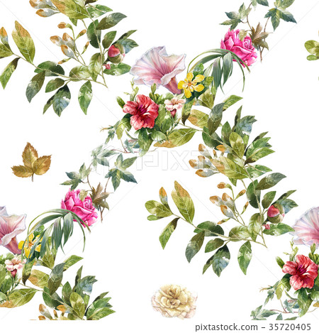 Watercolor painting of leaf and flowers pattern 35720405