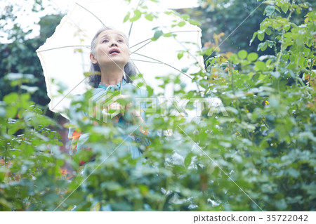 Senior woman holding a parasol in the garden Senior woman holding a parasol in the garden 35722042