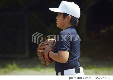 Boy baseball player practicing pitching portrait 35723699