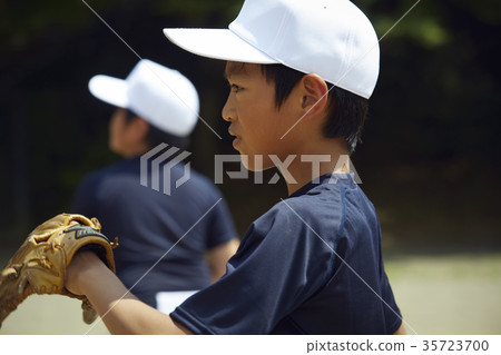 Boy baseball player practicing pitching portrait 35723700