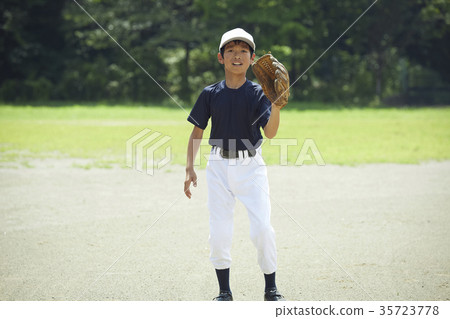 Boy baseball player practicing pitching portrait 35723778