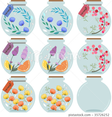 植物標本室插圖集（圓形，帶標籤，無標籤，空瓶） 35726252