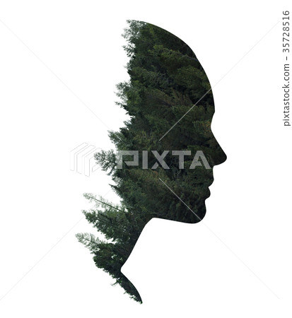 Double exposure of woman in profile and forest. 35728516