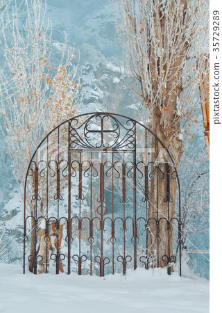 An old metal decorated wrought-iron grating fence 35729289