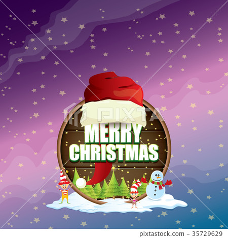 vector Christmas label with red santa hat, tree 35729629