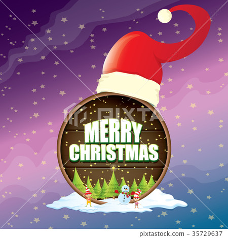 vector Christmas label with red santa hat, tree 35729637