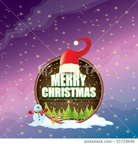 vector Christmas label with red santa hat, tree 35729640
