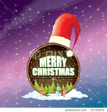 vector Christmas label with red santa hat, tree 35729642